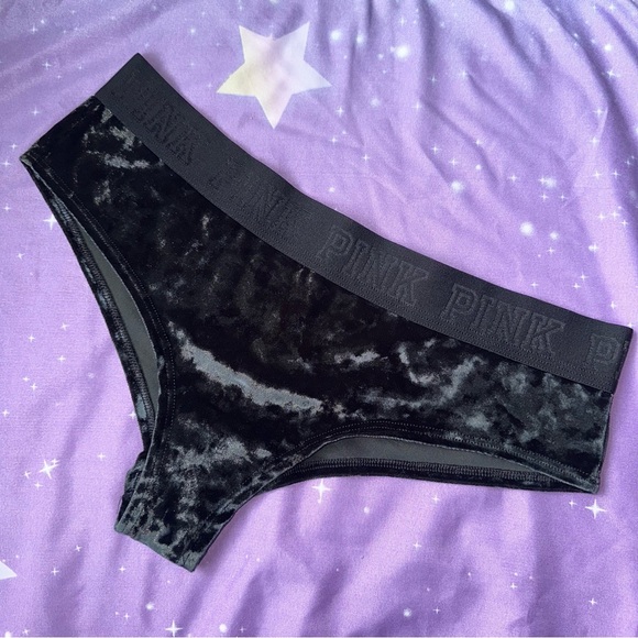 [ VS PINK ] Black Logo Waistband Crushed Velvet Extra Lowrise Cheekster Panty - Picture 1 of 9